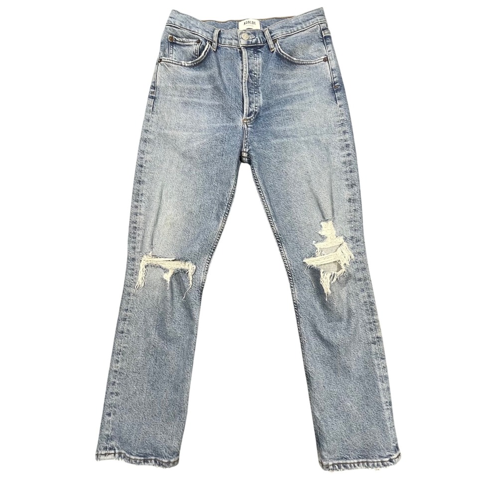 AGOLDE Blue Riley High Rise Distressed Straight Leg Jeans Womens 27